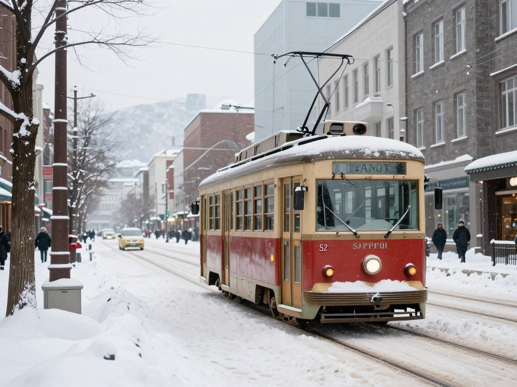 Sapporo streetcar tram on city street in winter