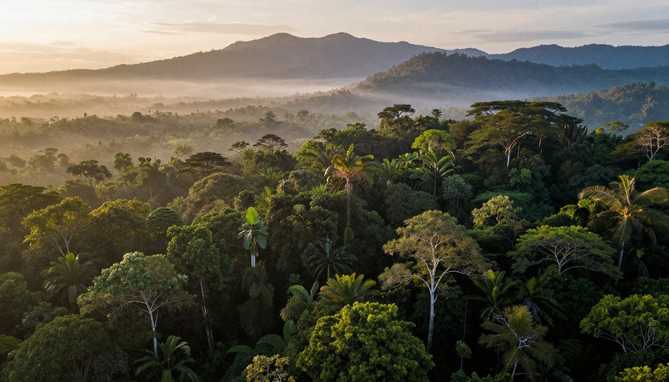 Sarawak rainforest canopy with misty mountains