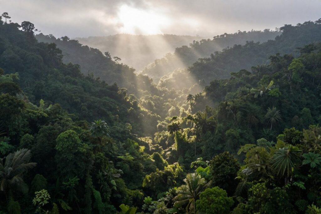 Sarawak rainforest with morning mist and sunbeams