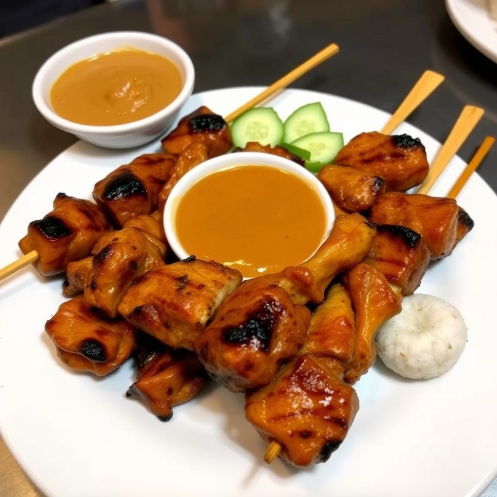 Satay skewers with peanut sauce, a popular Singapore street food in Singapore travel guide