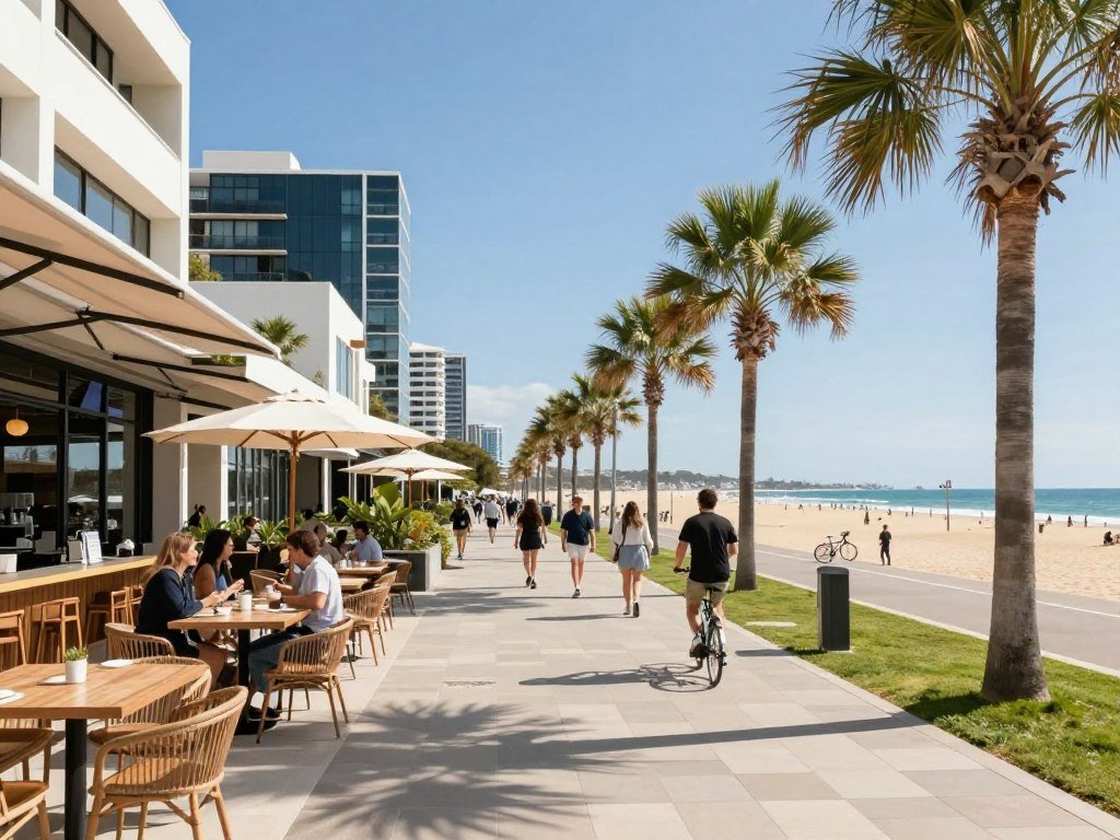 Scarborough Beach esplanade with modern cafes and people walking