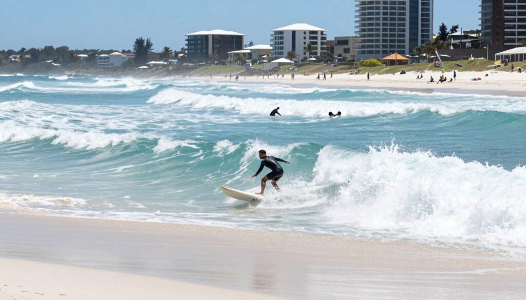 Scarborough Beach waves breaking on white sand with surfers in water