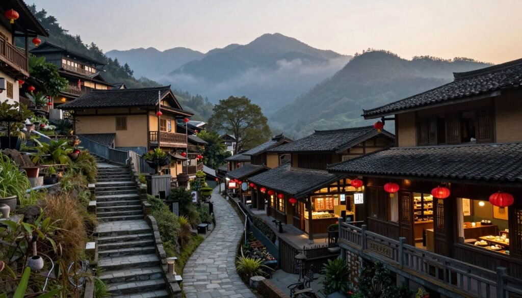 Scenic mountain village of Jiufen with traditional buildings on hillside Scenic mountain village of Jiufen with traditional buildings on hillside
