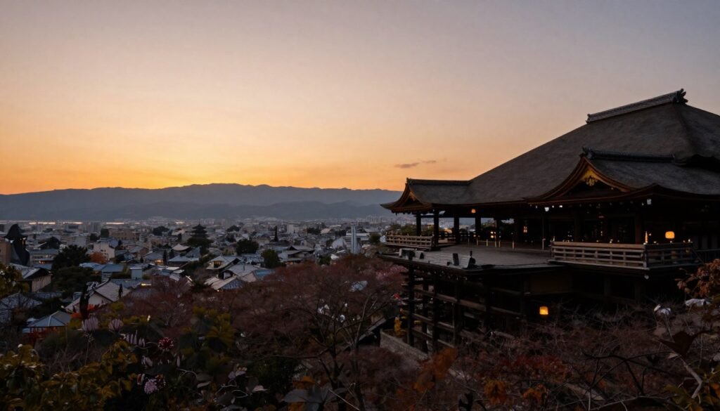 Scenic sunset view over Kyoto city with temples and mountains silhouetted Scenic sunset view over Kyoto city with temples and mountains silhouetted