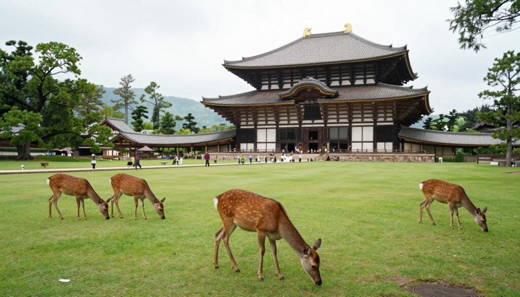 Scenic view of Nara Park with deer grazing near traditional temple buildings Scenic view of Nara Park with deer grazing near traditional temple buildings