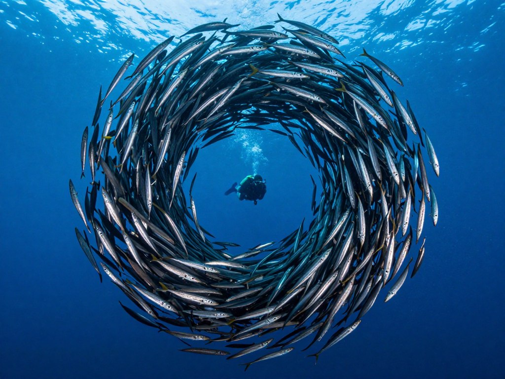 School of barracuda forming spiral formation underwater at Sipadan dive site