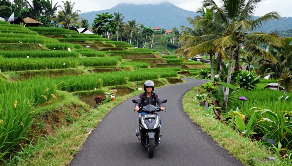 Scooter on scenic Bali road with rice terraces