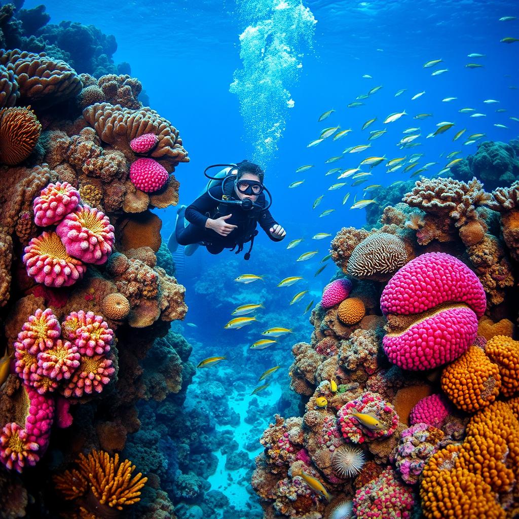 Scuba diver exploring vibrant coral reef with tropical fish in Raja Ampat - Indonesia travel guide