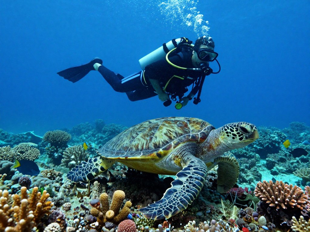 Scuba diver swimming with sea turtle near coral reef in clear blue water