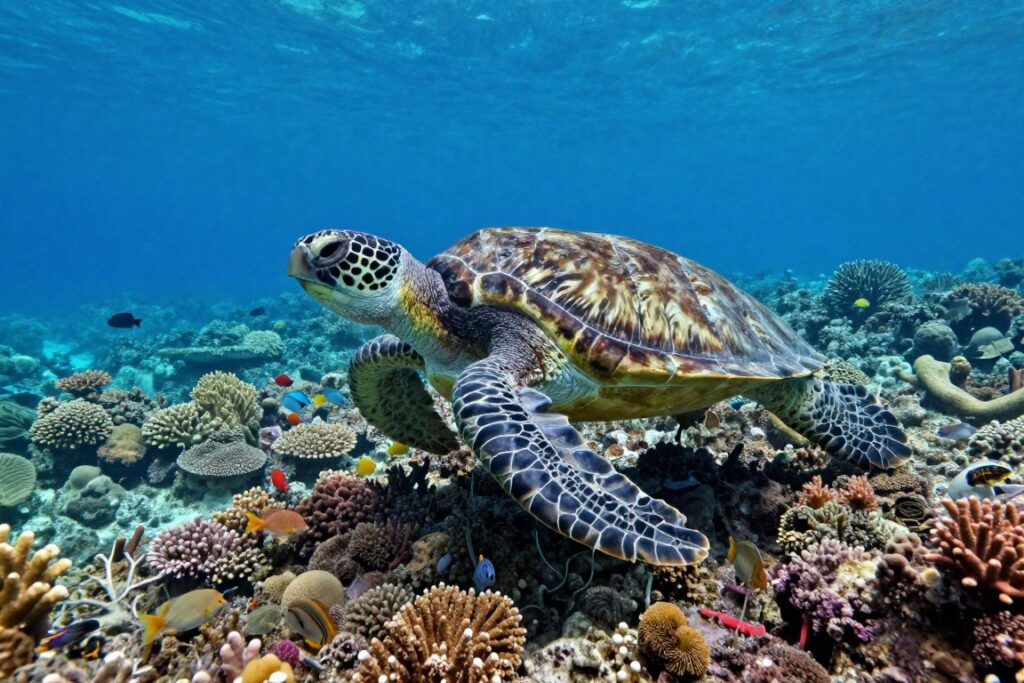 Sea turtle swimming over coral reef at Menjangan