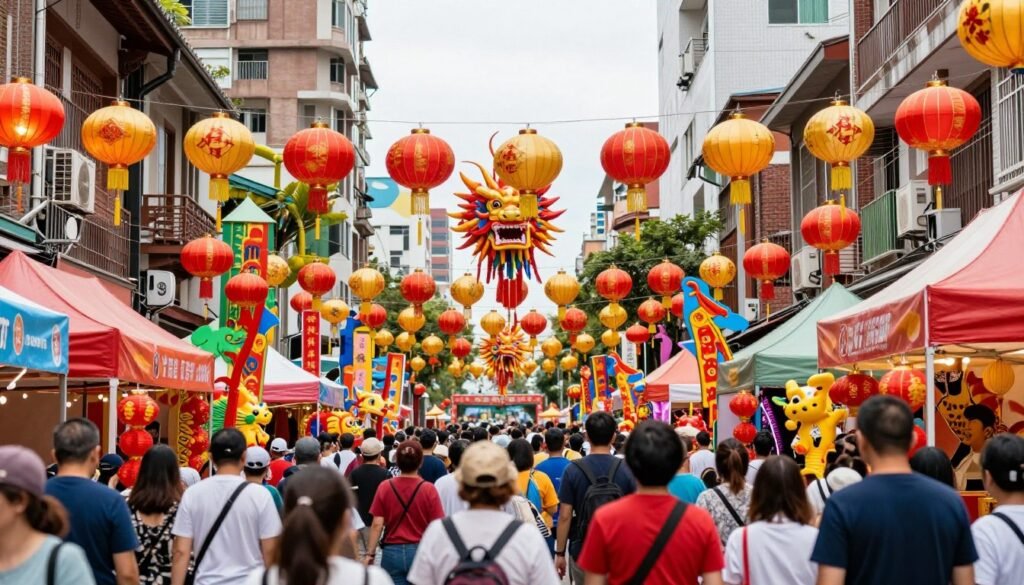 Seasonal festival celebration in Taipei with decorations and crowds Seasonal festival celebration in Taipei with decorations and crowds