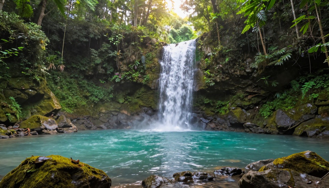 Secluded waterfall in Bali's jungle surrounded by lush tropical vegetation