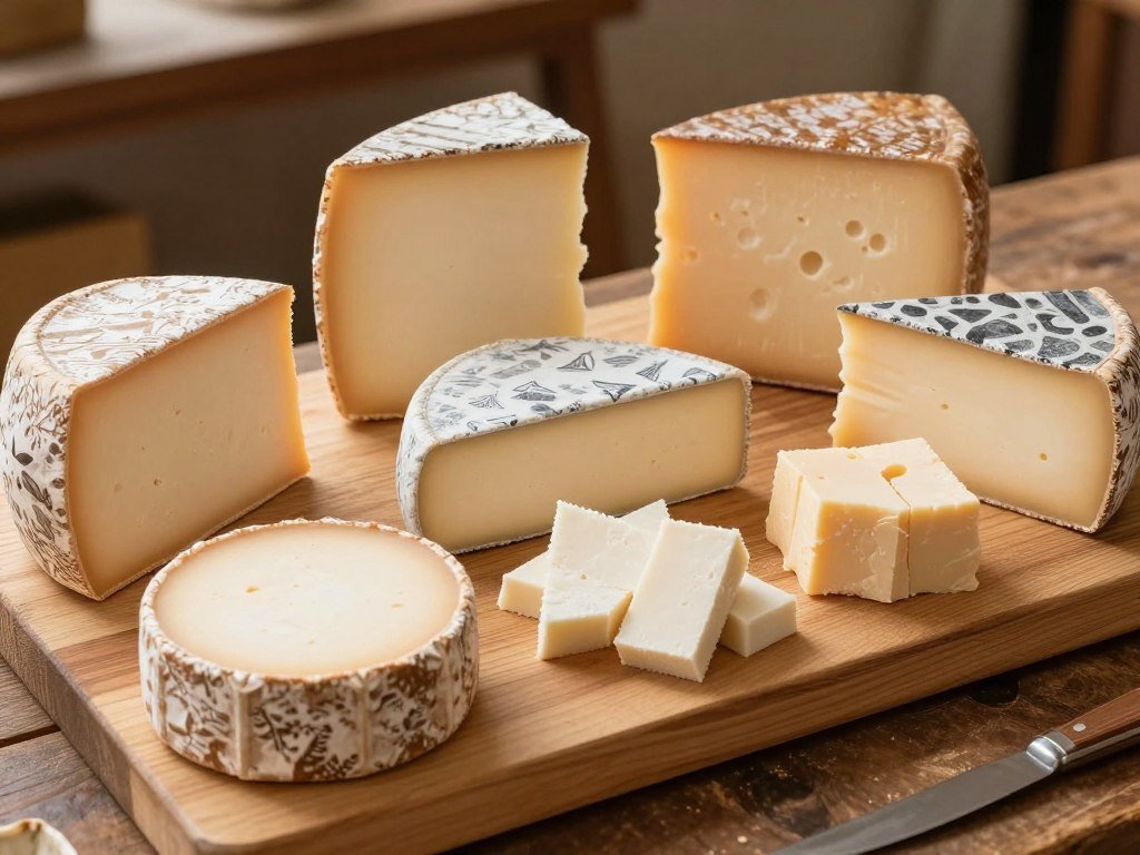 Selection of Hokkaido cheeses on wooden board