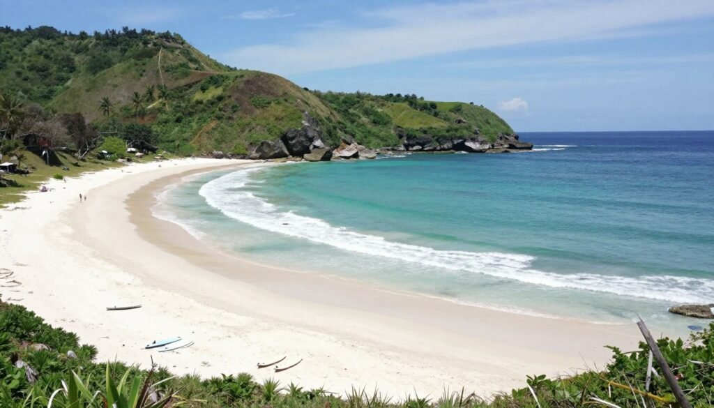 Selong Belanak Beach Lombok with crescent bay and green hills Selong Belanak Beach Lombok with crescent bay and green hills