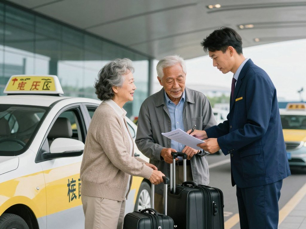 Senior couple getting taxi assistance at airport