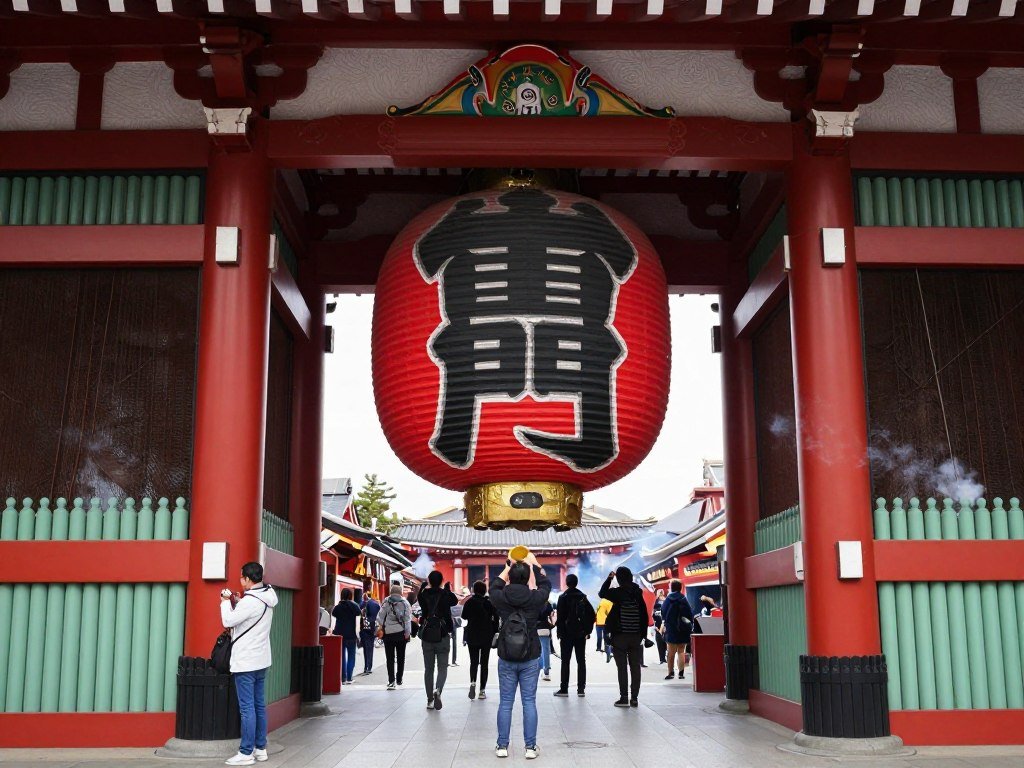 Senso-ji Temple Kaminarimon Gate with large red lantern