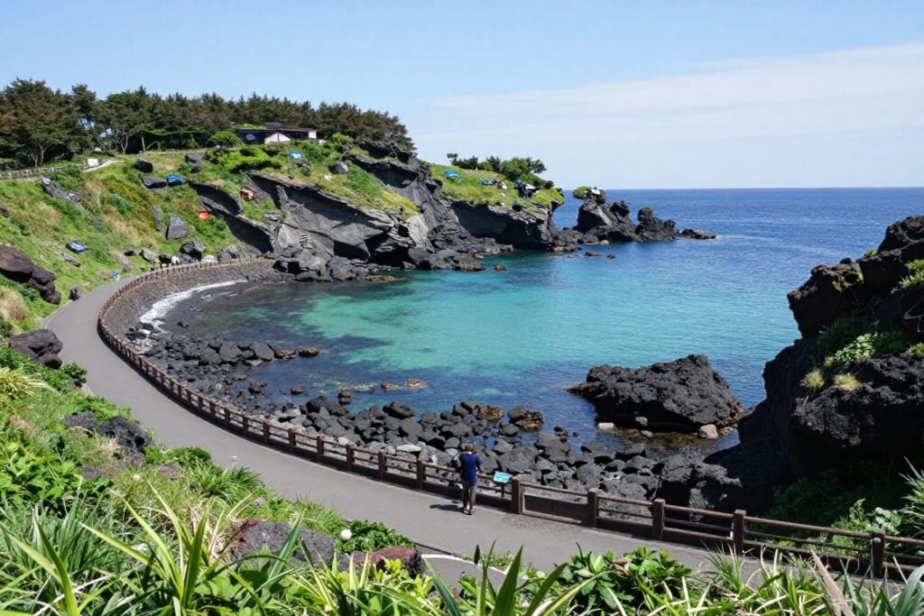 Seogwipo harbor with cliffs and walking paths