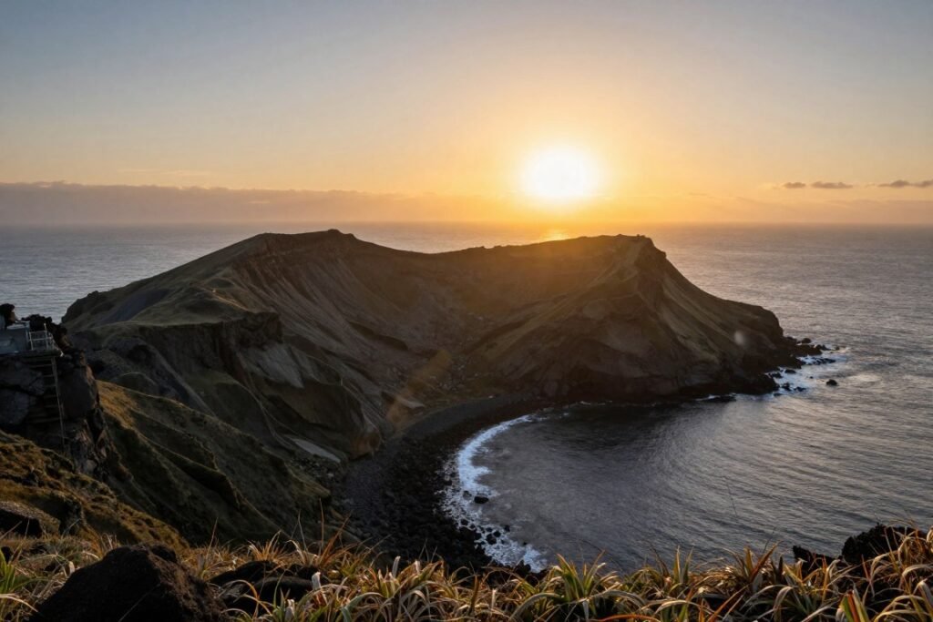 Seongsan Ilchulbong volcanic crater rising from the ocean at sunrise