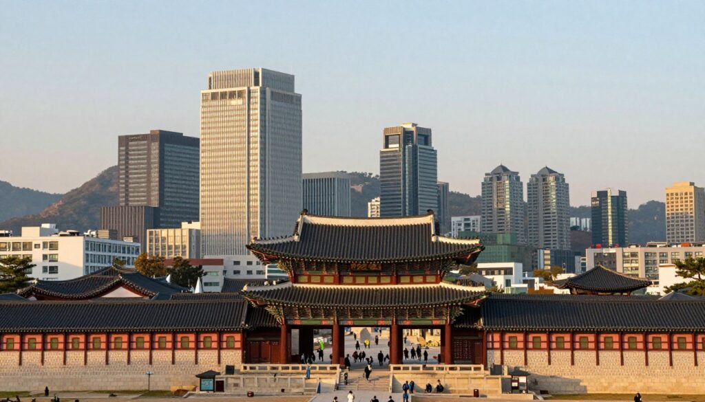 Seoul city view showing palaces and modern buildings together