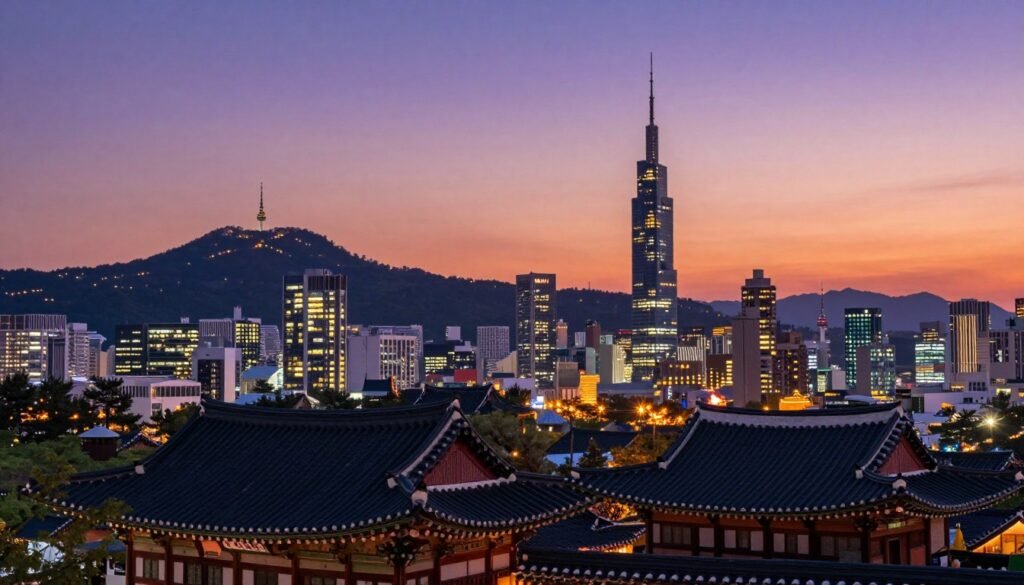 Seoul cityscape at dusk showing mixture of traditional temples and modern skyscrapers with mountains