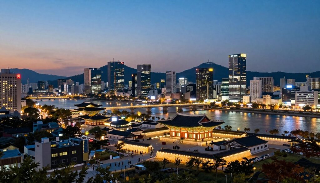 Seoul cityscape at twilight showing vibrant city lights