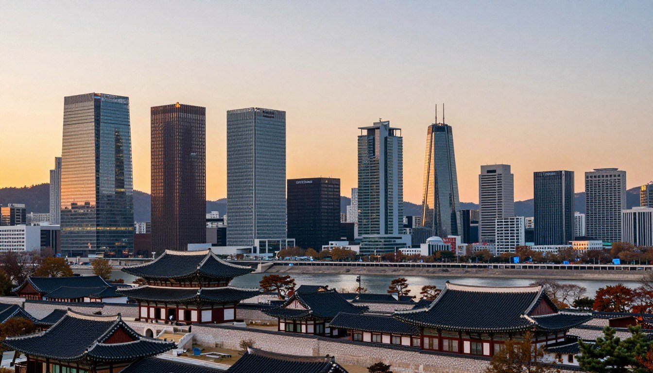 Seoul cityscape showing modern skyscrapers and traditional palaces at sunset