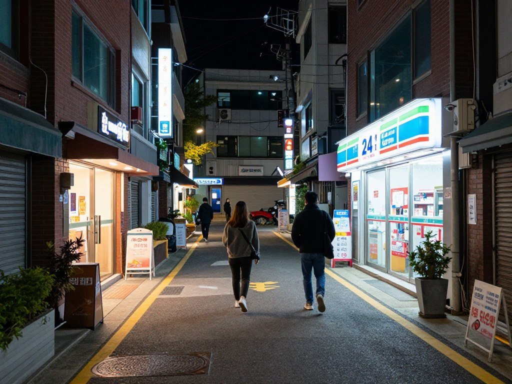 Seoul street at night showing safe, well-lit urban environment