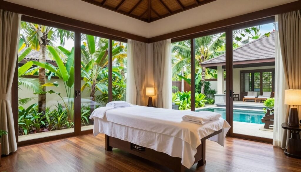 Serene spa treatment room with tropical views
