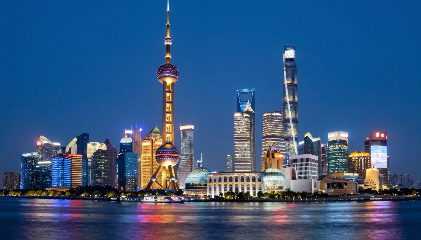 Shanghai skyline at night featuring illuminated skyscrapers along the Bund waterfront
