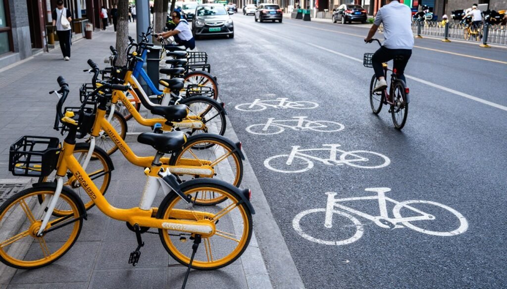 Shared bicycles parked along Beijing street with cyclists Shared bicycles parked along Beijing street with cyclists