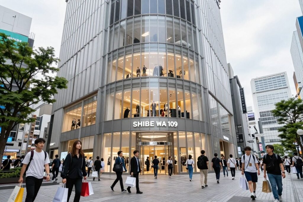 Shibuya 109 building with fashion shoppers