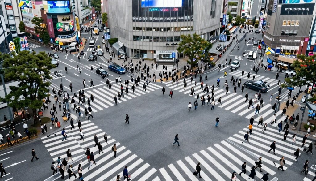 Shibuya Crossing aerial view with crowds crossing from all directions