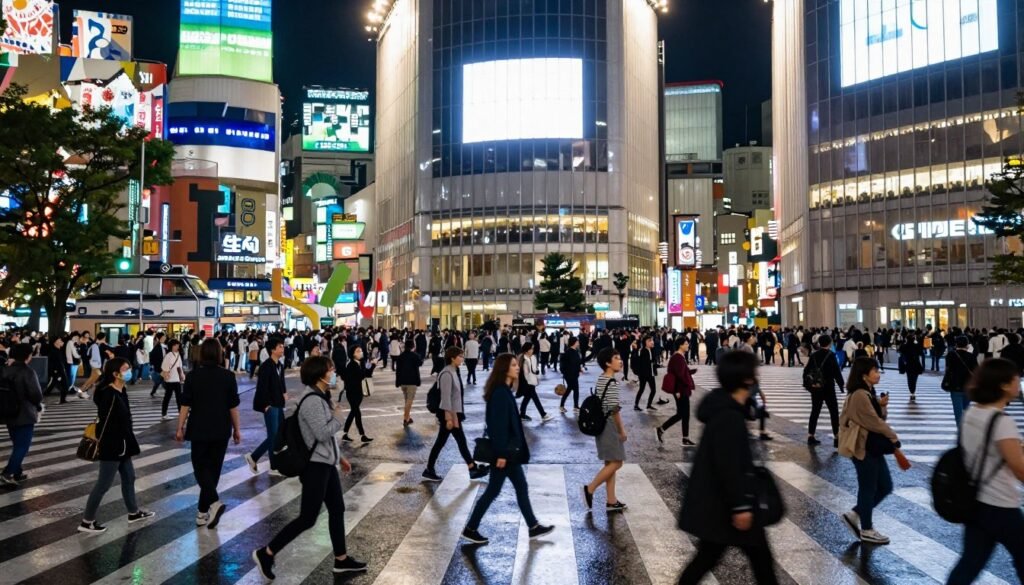 Shibuya Crossing at night with neon lights and crowds of people crossing