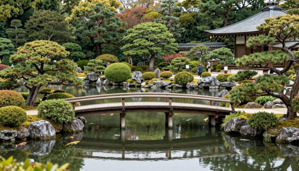 Shinjuku Gyoen Japanese garden with traditional bridge and pond