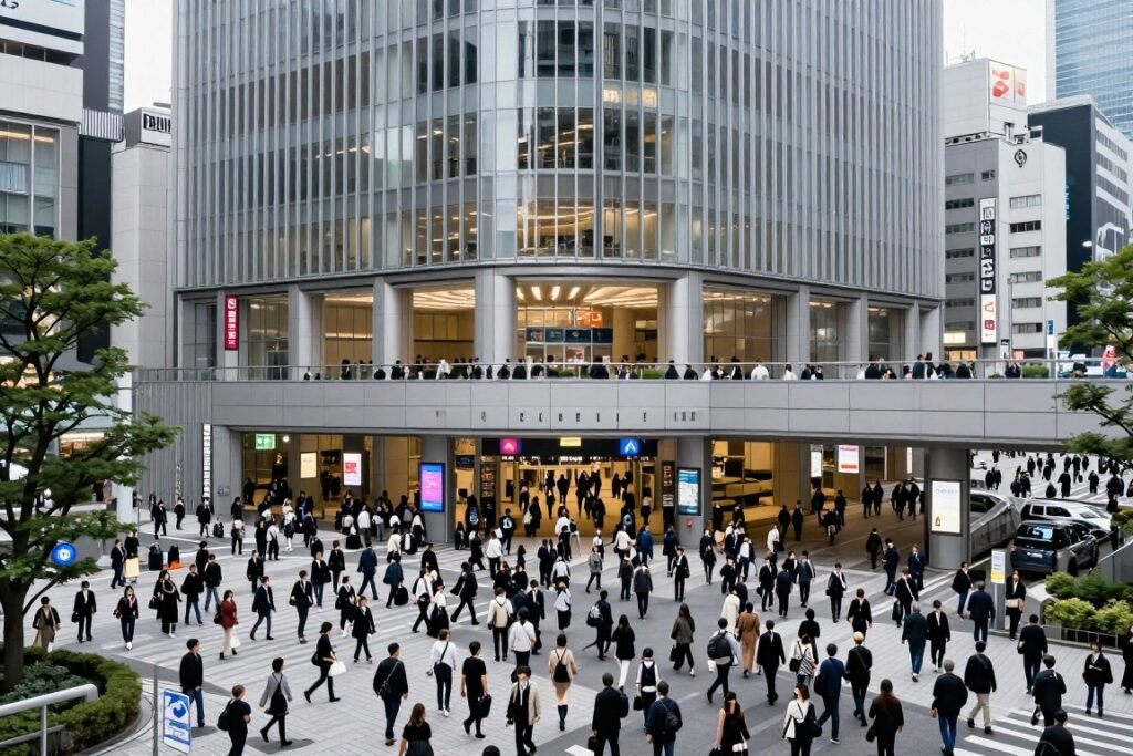 Shinjuku Station exterior with multiple train lines and crowds
