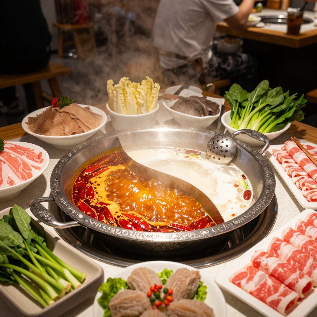 Sichuan hotpot restaurant with red and white broth sections