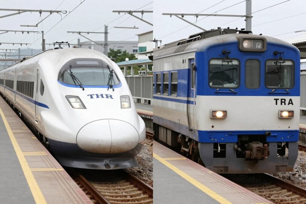 Side-by-side comparison of THSR bullet train and traditional TRA train