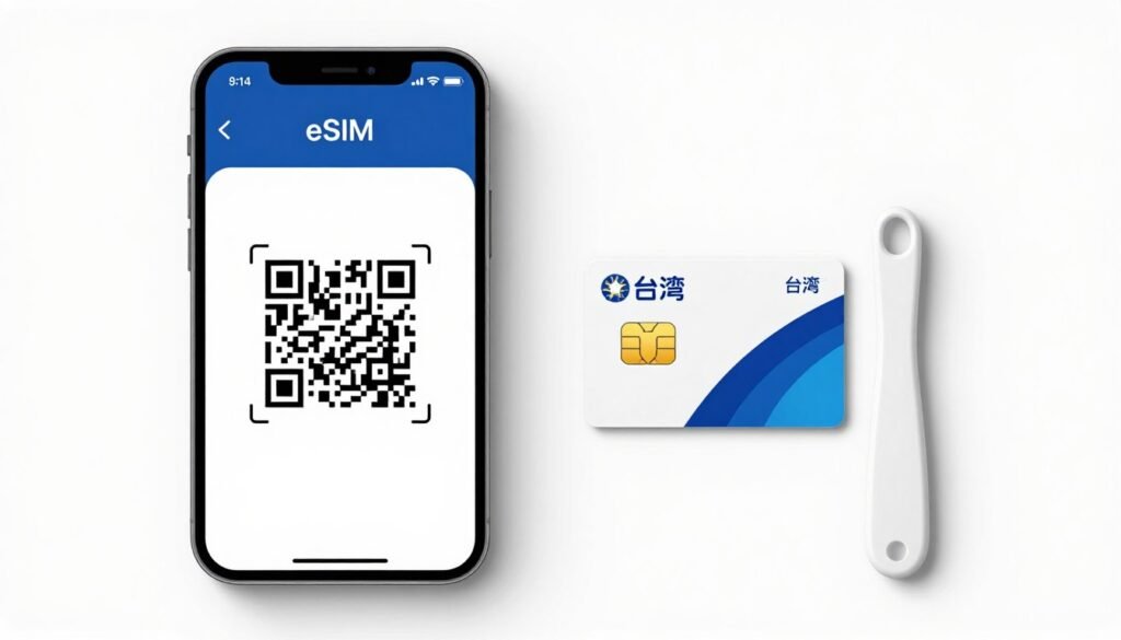 Side by side comparison of eSIM setup on smartphone screen and physical Taiwan SIM card Side by side comparison of eSIM setup on smartphone screen and physical Taiwan SIM card