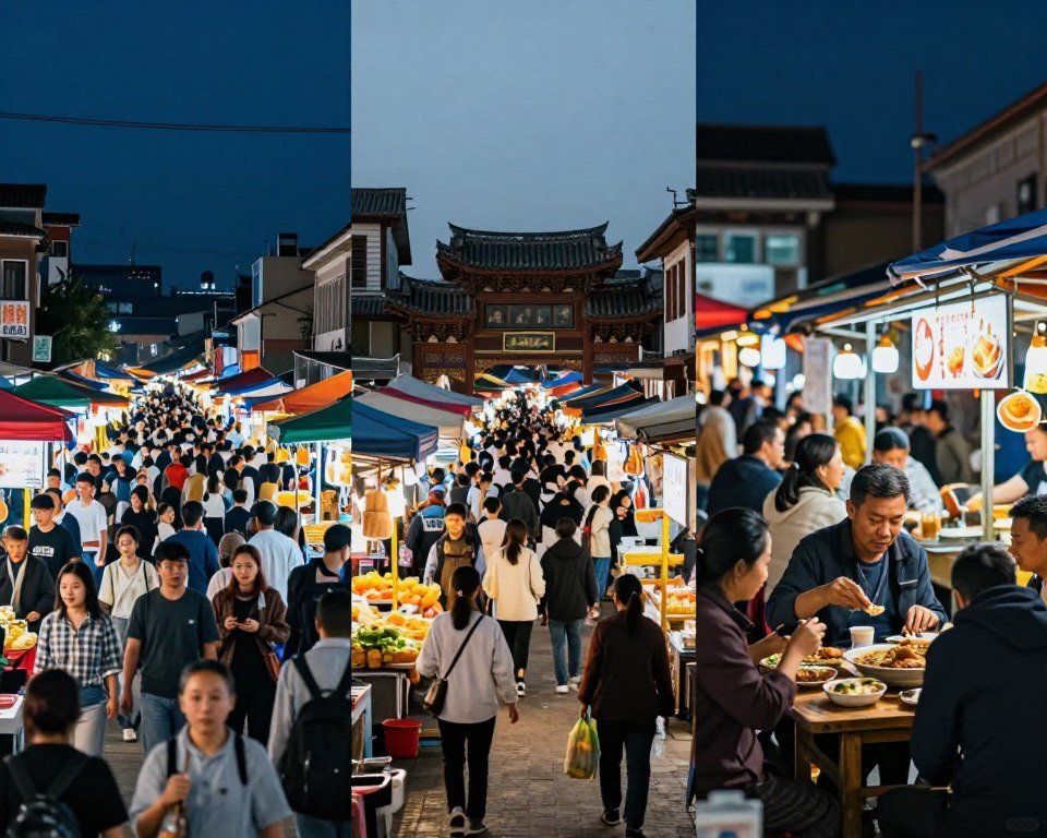 Side-by-side comparison photos showing distinctive atmosphere of each of the three night markets