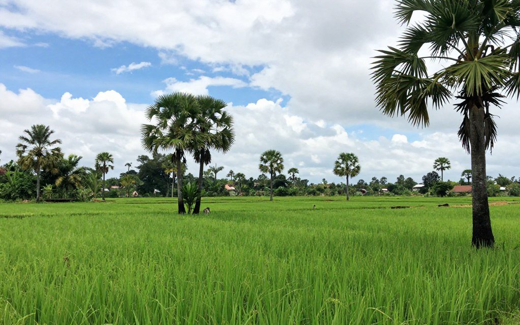 Siem Reap rice paddies during green season with palm trees Siem Reap rice paddies during green season with palm trees