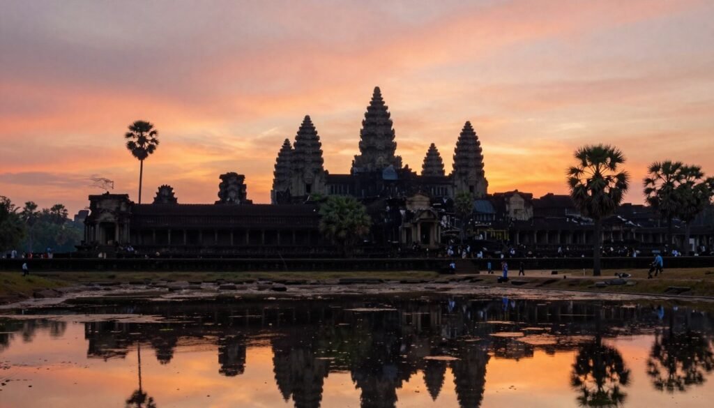 Silhouette of Angkor Wat at sunrise with reflection in pond