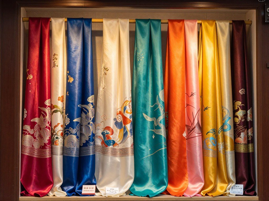 Silk scarves and fabrics displayed in traditional shop Silk scarves and fabrics displayed in traditional shop