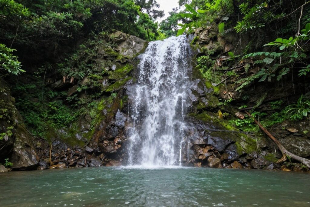 Simian Mountain waterfall flowing through lush green forest