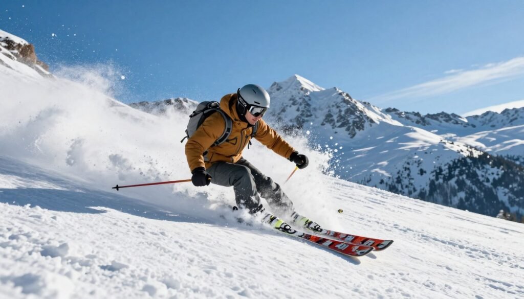 Skier carving through deep powder snow with mountain backdrop