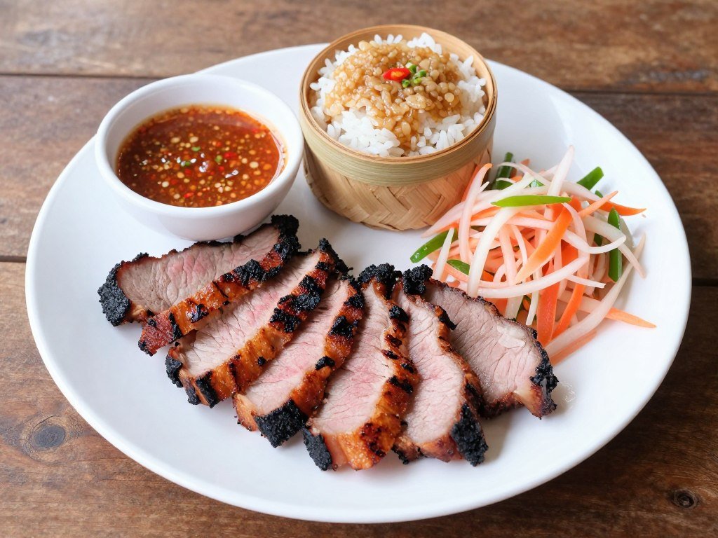 Sliced grilled pork neck with sticky rice and som tam showing Isaan street food