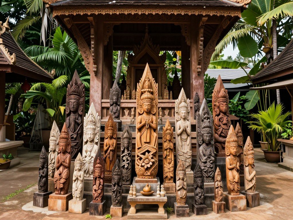 Small Bangkok spirit shrine surrounded by hundreds of wooden phallus offerings