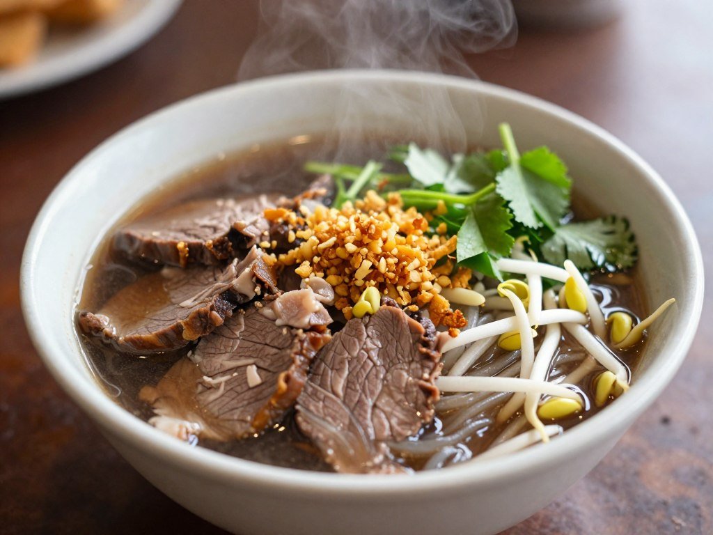 Small bowl of Thai boat noodles with beef, bean sprouts, and dark broth representing traditional Bangkok street food