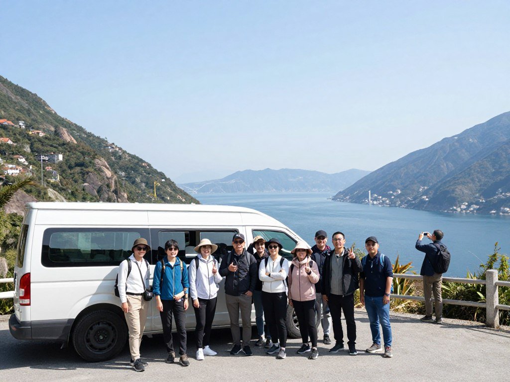 Small group tour van with tourists at scenic Jiufen viewpoint