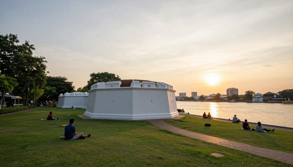 Small riverside park in Bangkok with historic fort and city walls at sunset