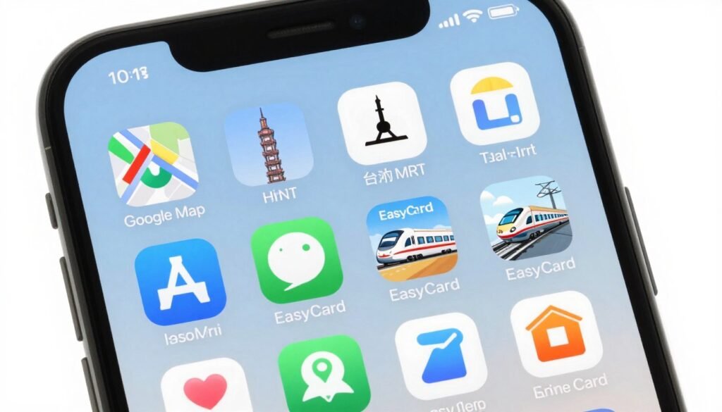 Smartphone screen showing essential Taiwan travel apps including maps transportation and payment Smartphone screen showing essential Taiwan travel apps including maps transportation and payment